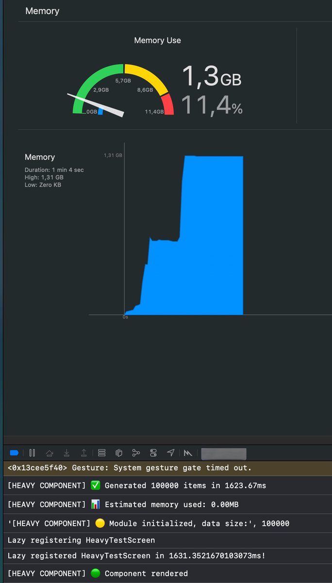 Easy perf optimization in react native, turns out you can use getComponent from react-navigation to lazy load the entire module, meaning it doesnt affect app start and RAM usage until it actually navigates. Left is normal import,right is lazy and navigating to the heavy component