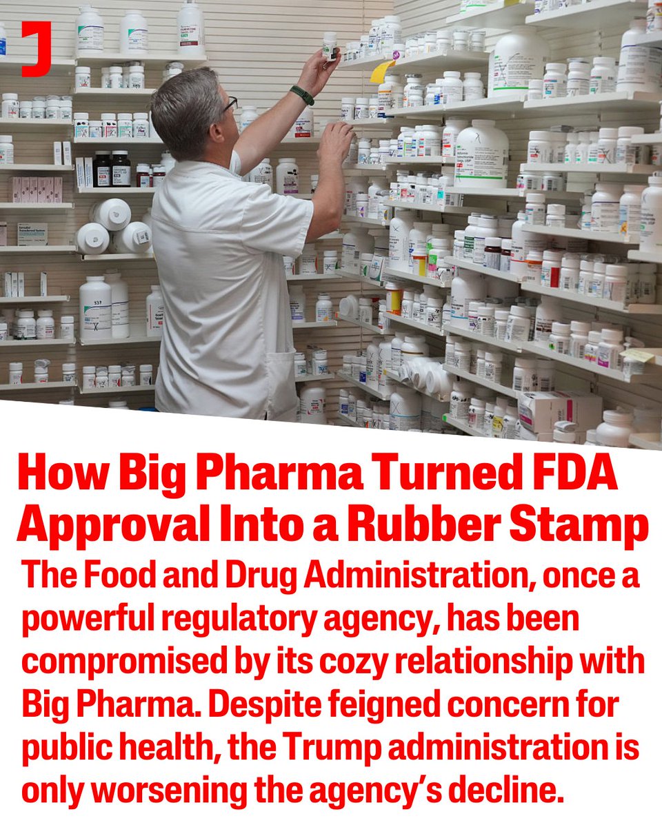 jacobin's tweet image. The pharmaceutical industry uses its vast resources to influence all stakeholders in the drug-approval process, from patients to doctors all the way up to its chief regulator, the FDA.

The result is less safe and less effective medications. jacobin.com/2025/11/fda-ph…