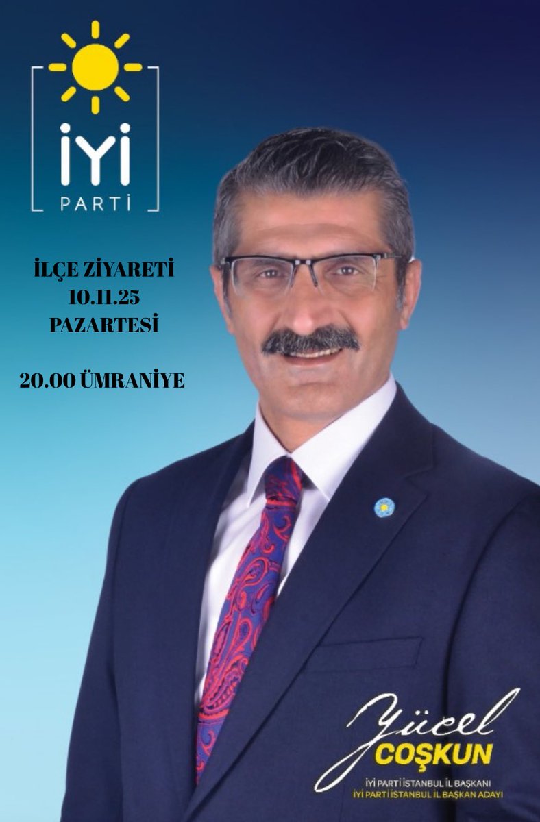 10 Kasım Pazartesi günü 
📍 20.00 Ümraniye İlçe teşkilatımızı ziyaret edeceğim.
Dava arkadaşlarımla bir araya gelmekten büyük mutluluk duyacağım.
Birlikte daha güçlü bir İstanbul ve daha güçlü bir İYİ Parti için yola devam☀️