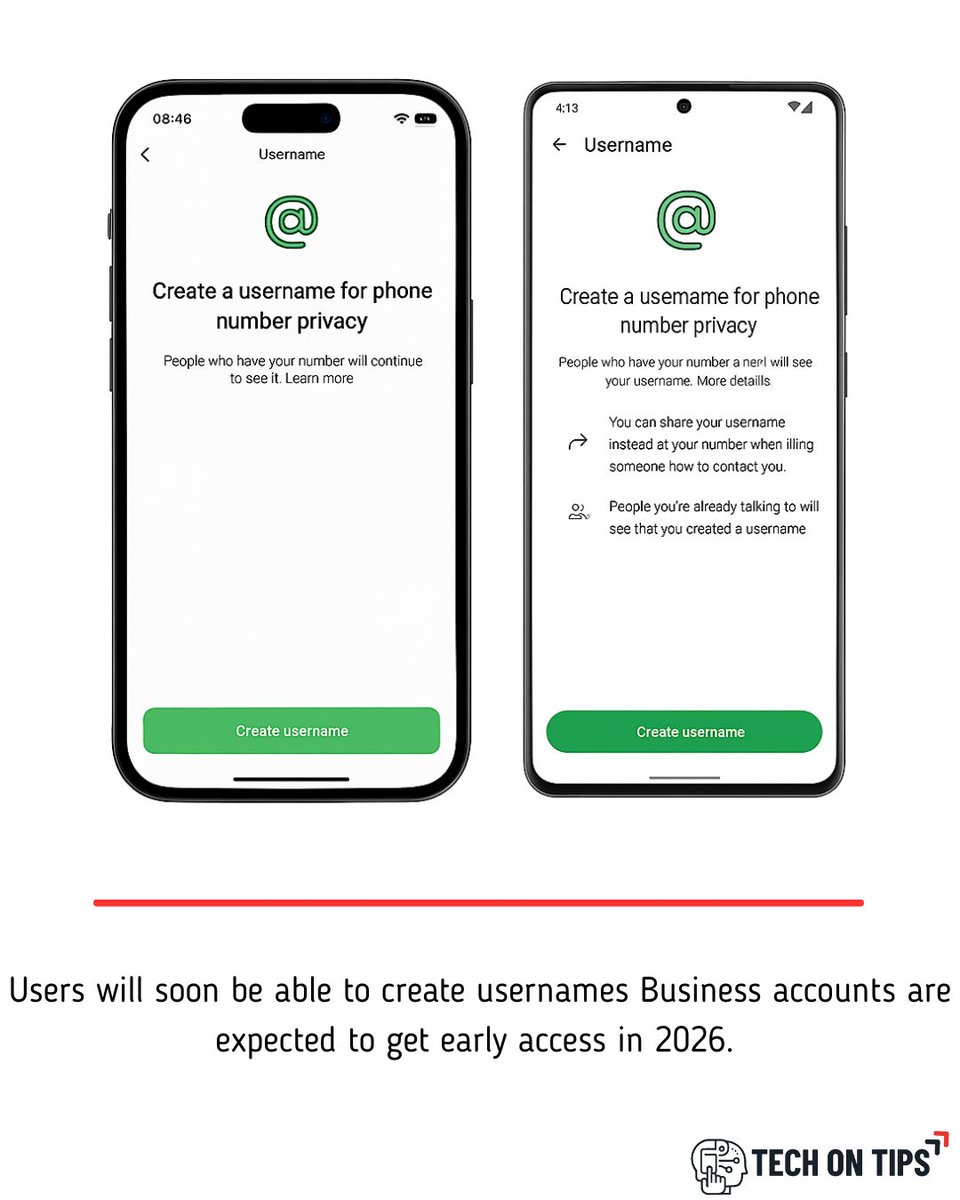 TechonTips24's tweet image. WhatsApp is preparing to roll out usernames next year! 🔥
Businesses are already being asked to update their systems — a big step toward better privacy and easier communication. 💬✨
#WhatsAppUpdate #WhatsAppUsername #TechNews #MetaUpdate #DigitalPrivacy #AppUpdate #SocialMedia