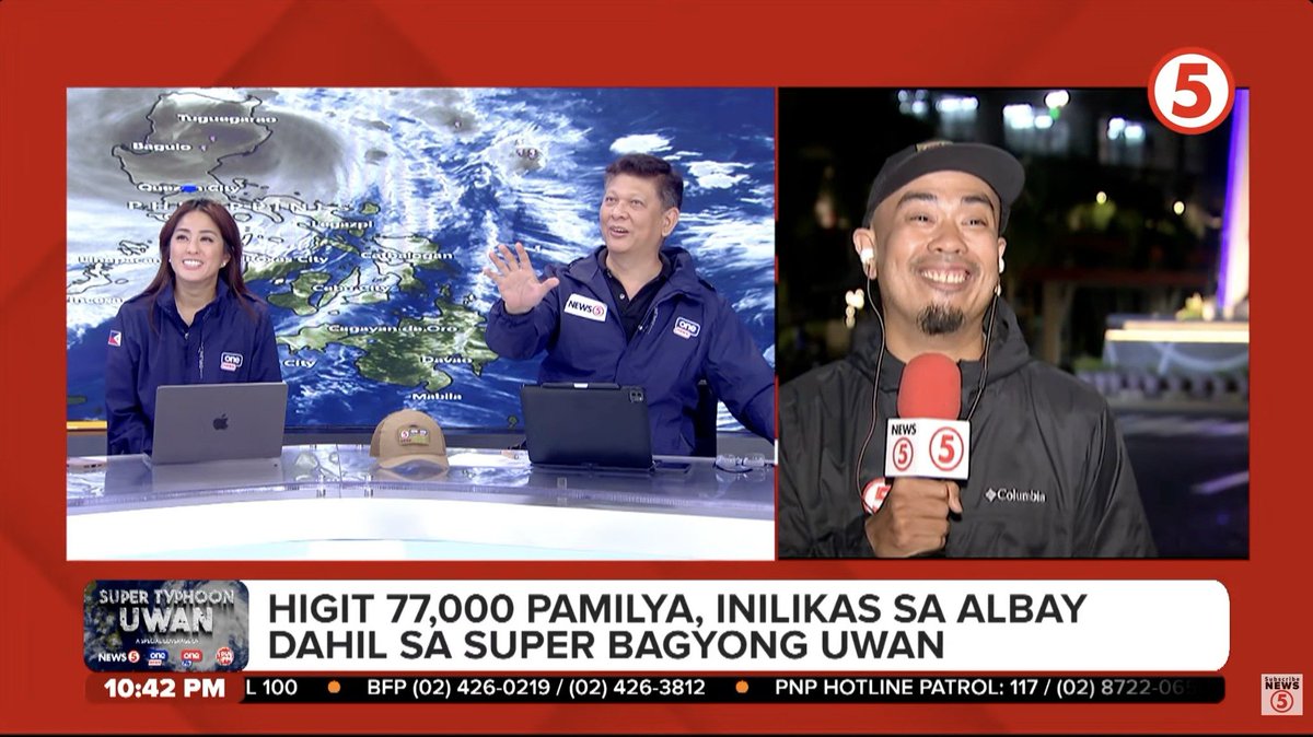 ljabadinas's tweet image. 'FIRST TIME, FIRST TIME'

This is so cool. While channel surfing, I saw News5 had their cameraman do a live stand-upper and annotate the latest updates from Albay on Super Typhoon Uwan. 

Ingat and saludo sa mga nasa field ngayon. 🫡

#UwanPH