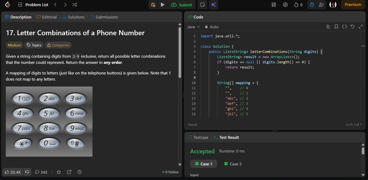 SinghMrinal04's tweet image. Day 270 of #360daysofcode

📱 Letter Combinations of a Phone Number

Practiced backtracking with the classic LeetCode problem — generating all possible letter combinations from a digit string (like on a phone keypad).

#LeetCode #Java #Backtracking #DSA #Coding