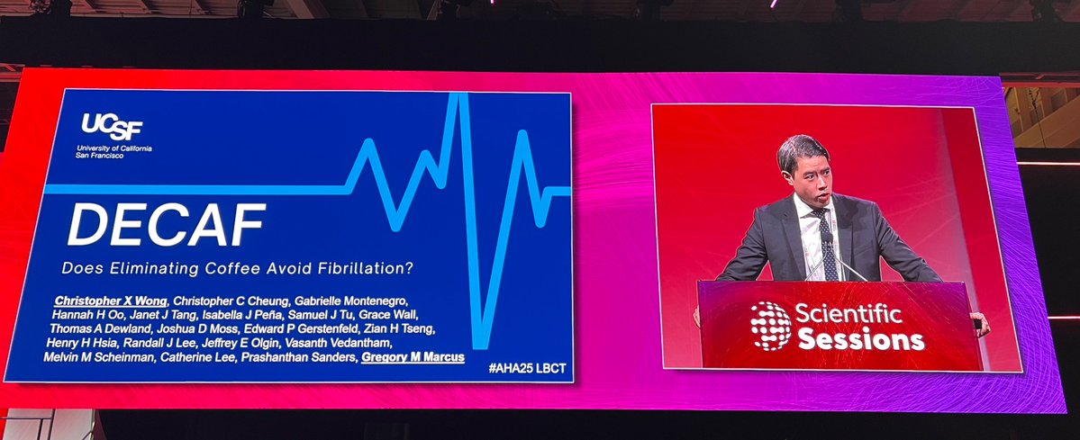 CardiologyToday's tweet image. DECAF trial at #AHA25

☕️ Caffeine has traditionally been considered pro-arrhythmogenic

☕️ New data: consumption of caffeinated coffee resulted in less #Afib and atrial flutter vs abstinence from caffeine 

☕️ Consumption was about 1 cup/day