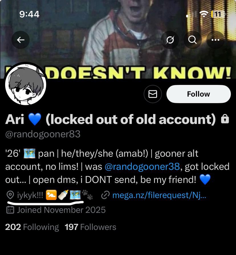 FictVan's tweet photo. @Konylla Yes but can we also mention how they follow someone who distributes and looks to trade irl child abuse material and beastalilty ??? https://t.co/t4cJumlDCI