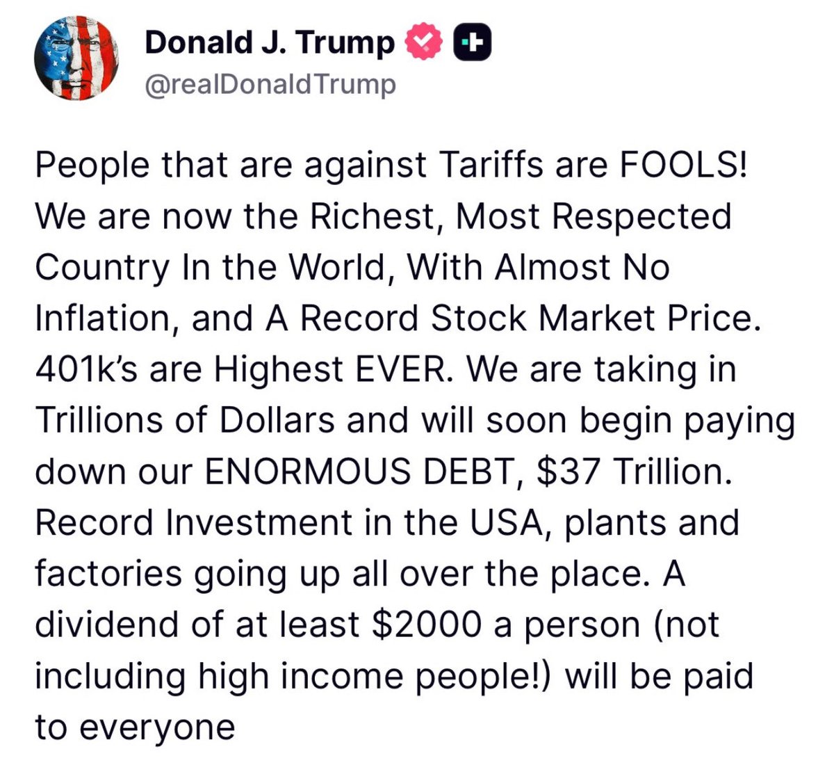 Başkan Trump gümrük vergilerinden oluşan gelirden bireylere aylık minimum 2.000$ temettü ödeneceğini açıkladı. Kriptolar uçurumun kenarındayken çok önemli bir açıklama geldi. Gerçekleşirse 2021 tarzı bir çılgınlığa yol açabilir.