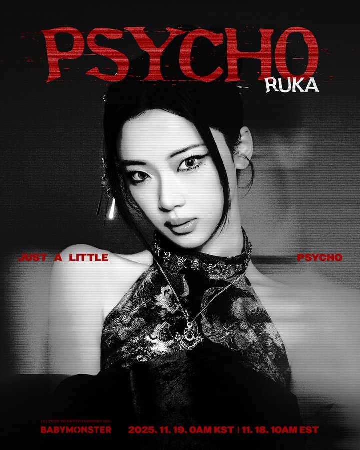 A young woman identified as RUKA from BABYMONSTER poses with a serious expression, wearing a black off-shoulder top with intricate patterns and jewelry, her hair styled up, against a dark background with red and white text reading PSYCHO RUKA and Just a little PSYCHO at the bottom, along with BABYMONSTER logo and date stamps.