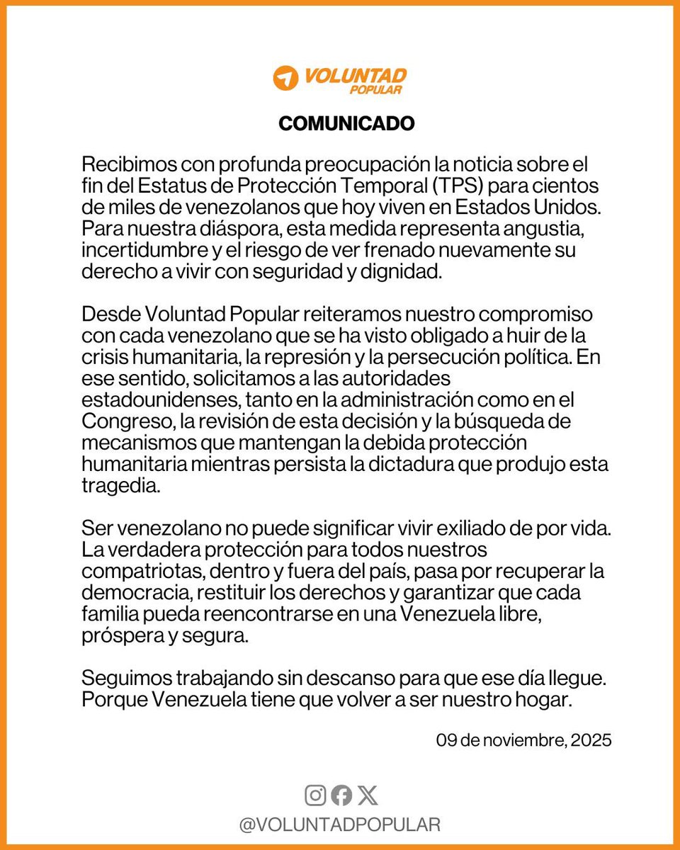 📰 Comunicado | Sobre la eliminación del Estatus de Protección Temporal (TPS) a los venezolanos en EE.UU