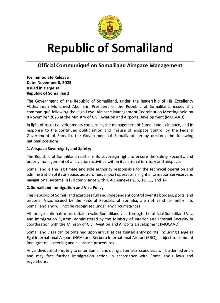 jimcaleguray's tweet photo. Update Official Communiqué, of the High-Level Coordination Meeting on Somaliland Airspace Management Chaired by the President of the Republic Of Somaliland. https://t.co/MxS5dMHpDW