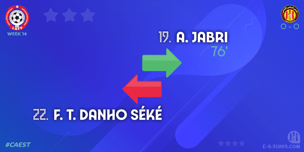 ESTuniscom's tweet photo. ⏱ 76' | #Ligue1Tn🇹🇳 Week 14 #CAEST | #ClubAfricain 0⃣-0⃣ @ESTuniscom : 🔁 Substitute : A. Jabri IN, F. T. Danho Séké OUT (EST) / تغيير / Changement https://t.co/ST74dmWJAj