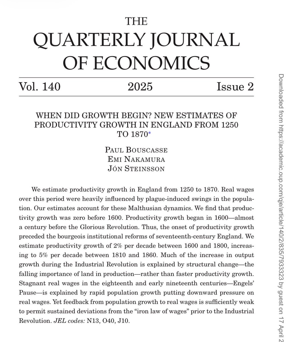emollick's tweet image. The graph, extended: “We find that productivity growth was zero before 1600.”

Early land reforms and, most importantly, the industrial revolution introduced the first singularity for growth in human history. Reasonable to argue whether AI is the second or more of the same.
