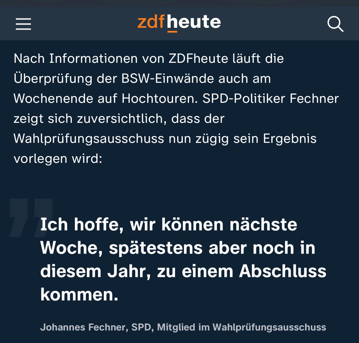 Der Parlamentarische Geschäftsführer der SPD bringt erneut ins Spiel, dass noch nächste Woche über den Wahleinspruch des BSW entschieden werden könne. Allerdings gibt es eine Einladungsfrist von sieben Tagen und von einer Einladung ist derzeit nichts bekannt. Er räumt ein, dass
