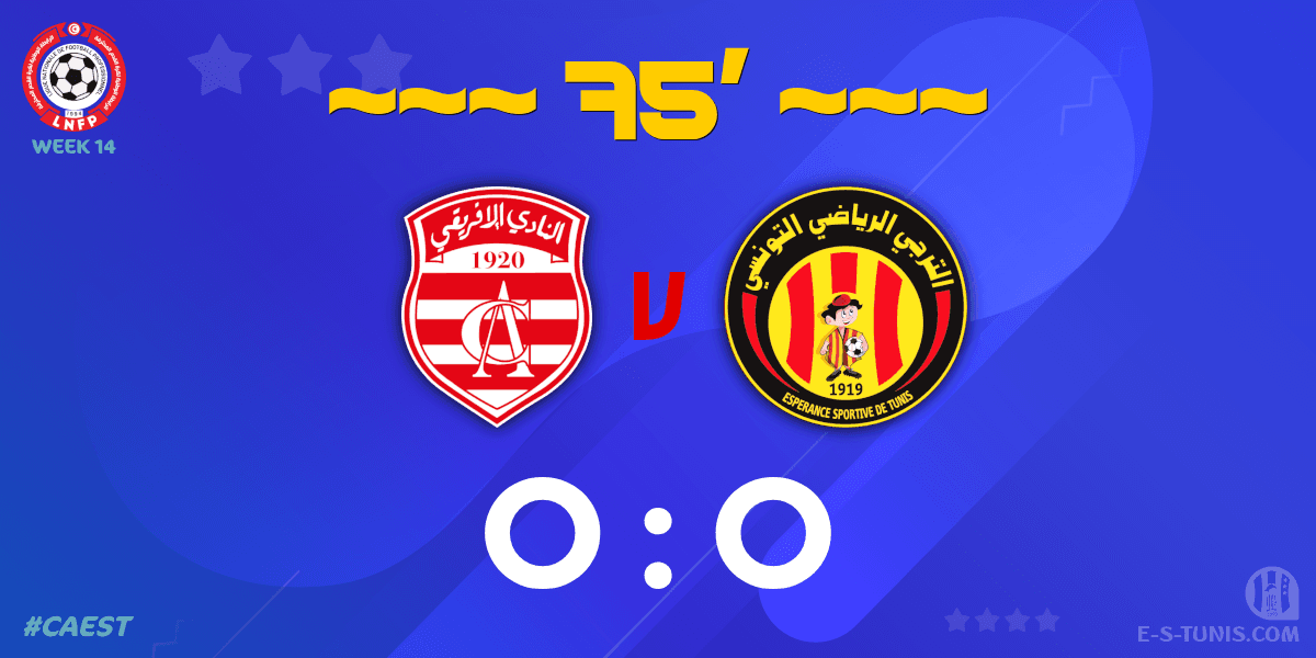 ESTuniscom's tweet photo. ⏱ 75' | #Ligue1Tn🇹🇳 Week 14 #CAEST | #ClubAfricain 0⃣-0⃣ @ESTuniscom : Score reminder / تذكير بالنتيجة / Rappel du score https://t.co/ZLdbnWpmRN