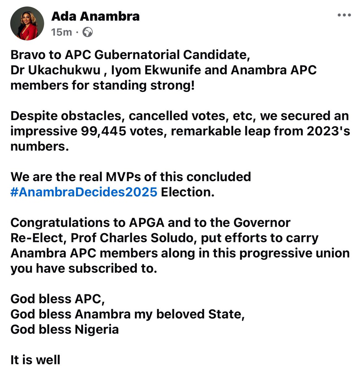 AdaAnambra2023's tweet image. Congratulations to APGA and to the Governor Re-Elect, Prof Charles Soludo, put efforts to carry Anambra APC members along in this progressive union you have subscribed to.

God bless APC,
God bless Anambra my beloved State,
God bless Nigeria
#AnambraDecides2025
