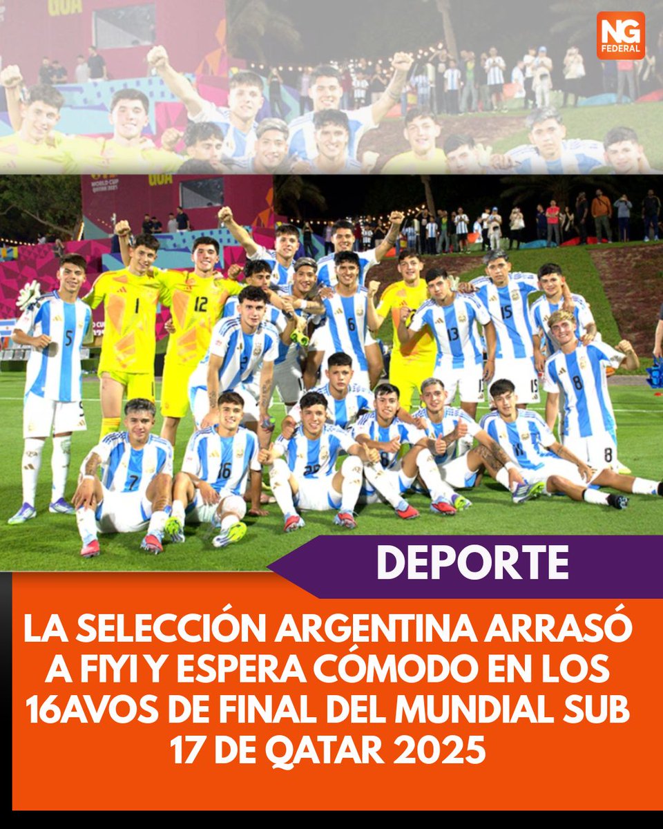 La Selección Argentina arrasó a Fiyi y espera cómodo en los 16avos de final del Mundial Sub 17 de Qatar 2025
ngfederal.ar/noticia/07894_…
