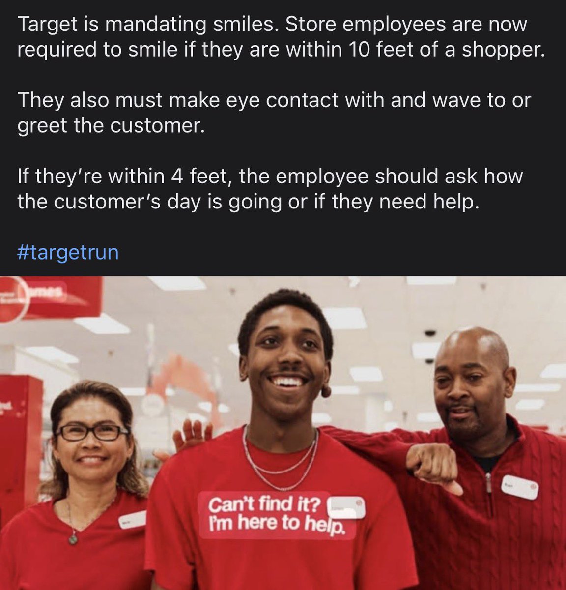 Idk about anyone else, but this would make me super uncomfortable to the point where I’m gonna back away slowly and go to Walmart where I can’t find an employee even if I try. <a href="/Target/">Target</a> #target