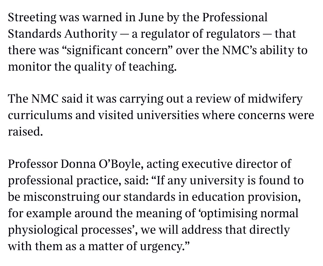 Key to the failings in midwifery education is the absent watchdog - <a href="/nmcnews/">Nursing and Midwifery Council</a> has moved to self-assessment and outsourced assurance to a private company. <a href="/prof_standards/">Professional Standards Authority</a> wrote to <a href="/wesstreeting/">Wes Streeting</a> in June highlighting serious concerns with NMC