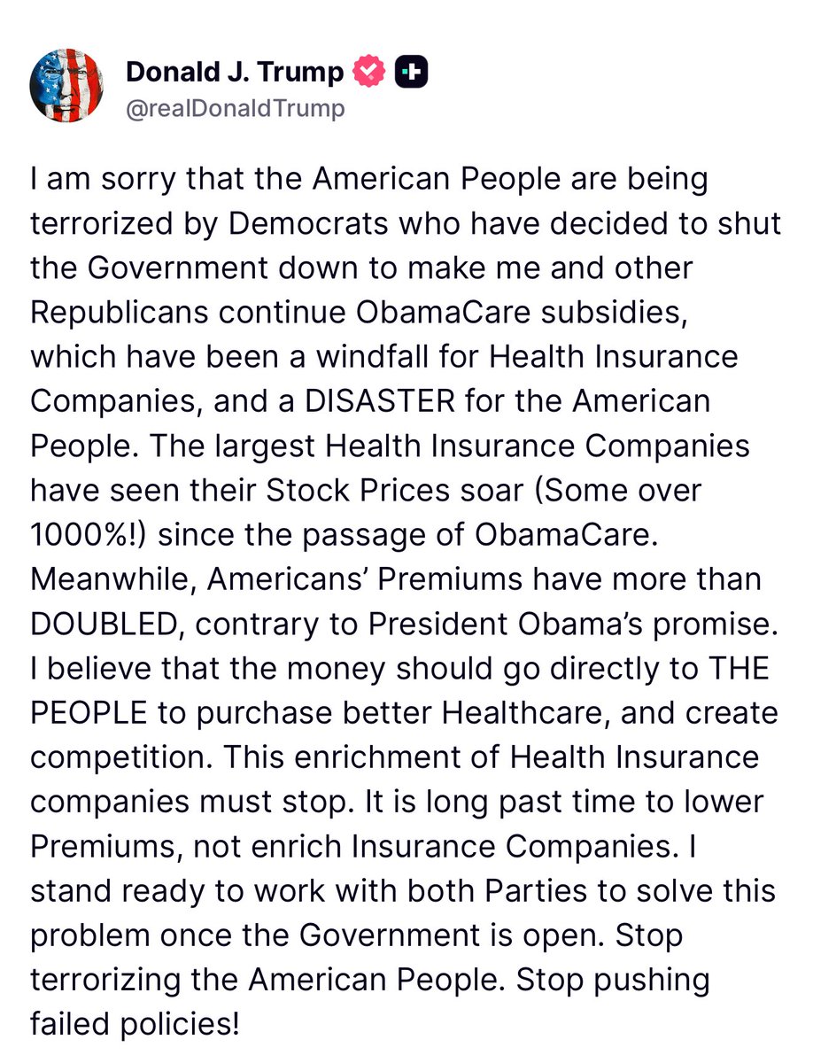 🚨 BREAKING: President Trump just accused Democrats of TERRORIZING Americans to give massive insurance corporations another huge “payday” via Obamacare

Trump has FLIPPED the script! He wants money in American health savings accounts 🔥 

“The OBAMACARE SCAM goes STRAIGHT TO