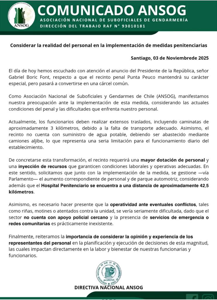 LehuedeJuan's tweet photo. Comunicado de Suboficiales de Gendarmería.
Es para el "OKUPA" pelotudo que firmó el Decreto que modifica el objeto de Punta Peuco.
El OKUPA de La Moneda sólo actúa por ideología, odio e instintos carnales. 
Este pelotudo es el más idiota de todos los idiotas hijos de ricos. https://t.co/V6m9gyQWGG