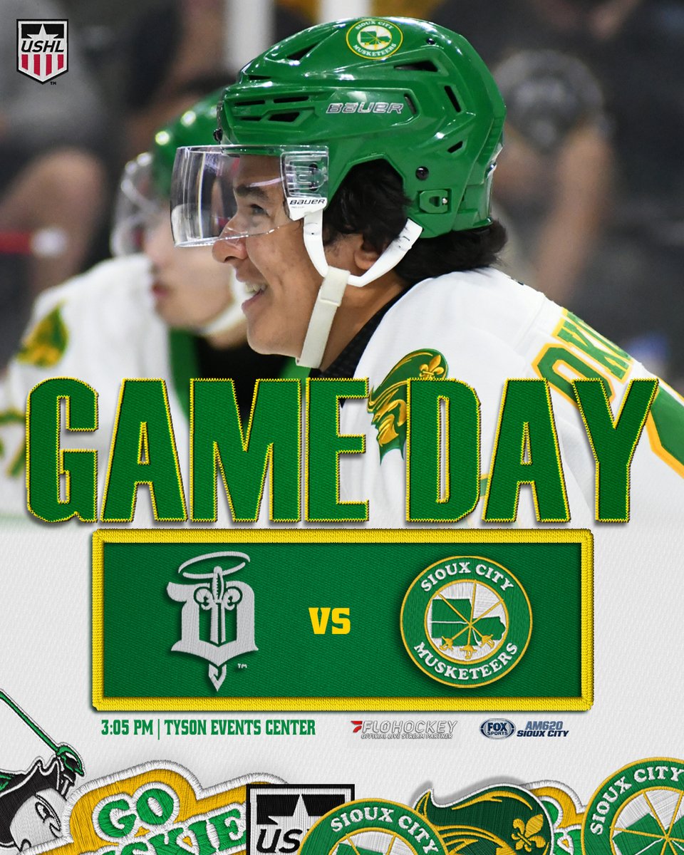 Musketeerhockey's tweet image. Let&apos;s play some Sunday afternoon hockey

🎫 bit.ly/4nQfkNI
🆚 Dubuque Fighting Saints
📍 @TysonEventsCent 
🕒 3:05 pm
📺 @FloHockey 
📻 620 KMNS

#SCMusketeers | #USHL | #SiouxCity