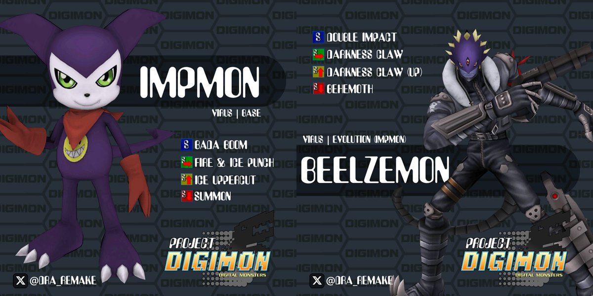 DRA_Remake's tweet image. Impmon is a squishy ranger character, throwing walls of ice or blasts of flame safely from afar. He evolves into Beelzemon, who blitzes with fast acting claw and gun attacks. His down special he mounts his bike Behemoth for the cost of meter.

#projectdigimon #impmon #Beelzemon