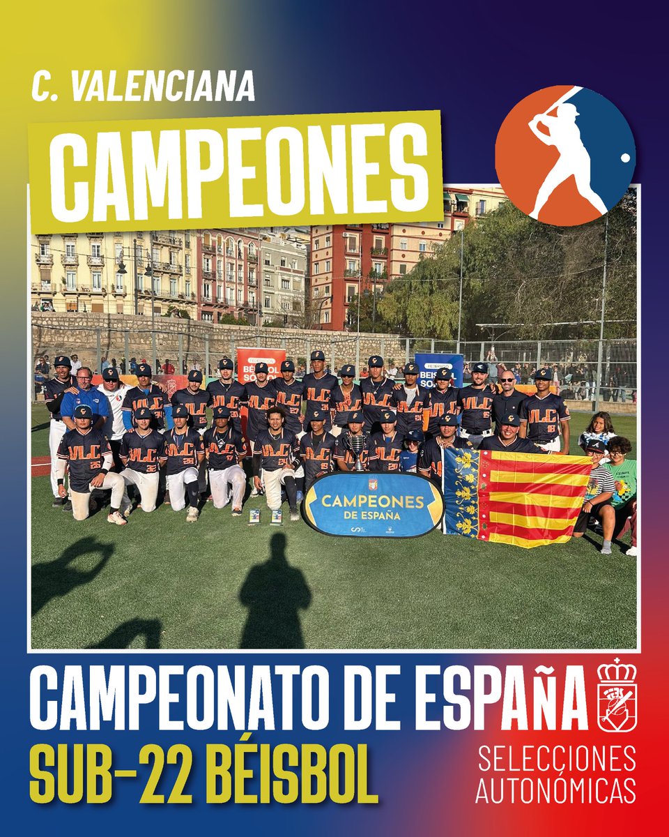 La Comunidad Valenciana se ha proclamado hoy campeona del Campeonato de España Sub-22 tras batir a Cataluña por 8 carreras a 4 en la gran final 🔥⚾️

Aragón se ha quedado con el bronce final imponiéndose a Madrid en la pelea por el tercer cajón del podio 🥉

¡Enhorabuena! 👏🏻🏆