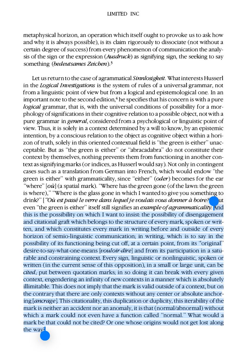 Derrida has probably the best answer. 

See Signature, Event, Context