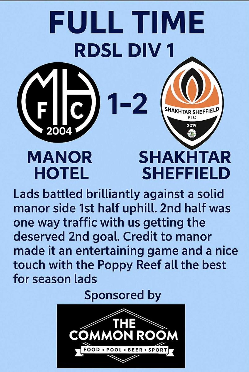 Manor 1-2 Shakhtar 

Started well with a sublime early goal but <a href="/ManorHotelFC1/">Manor Hotel FC</a> eventually worked an equaliser. 2nd half was all us but we struggled to find the net until Marco grabbed the winner. A big 3pts and a big performance!

UTS

Motm Matty

Matty ⚽️ 
<a href="/MARC0_ALEXANDRE/">Marco Alexandre</a> ⚽️