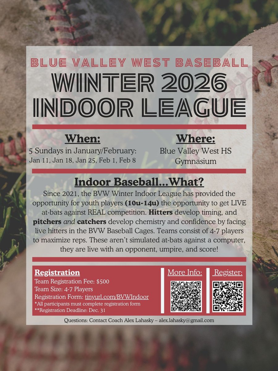 Registration is now open for the 5th annual BVW Baseball Indoor League. Open to all, 10U-14U. DM for more info. 
Register: tinyurl.com/bvwindoor

<a href="/BvwBaseball31/">Blue Valley West Baseball</a>