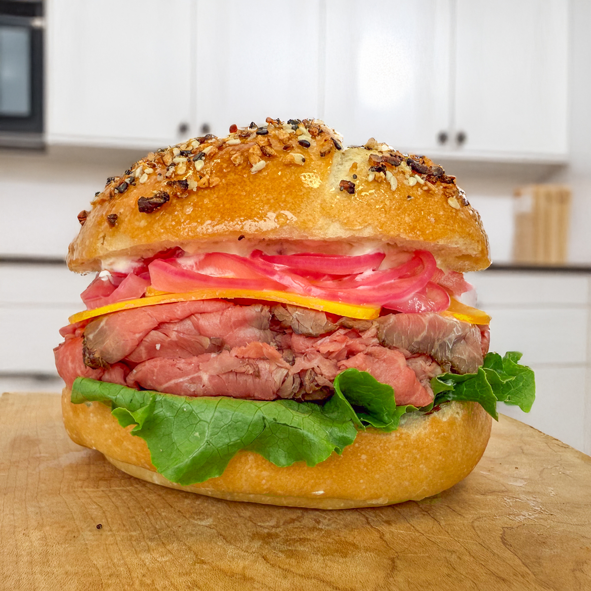 Sunday Sandwich of the Day: Roast Beef, Cheddar, Pickled Onions &amp; Lettuce w/ Horseradish Mayonnaise on an Everything Kaiser Roll