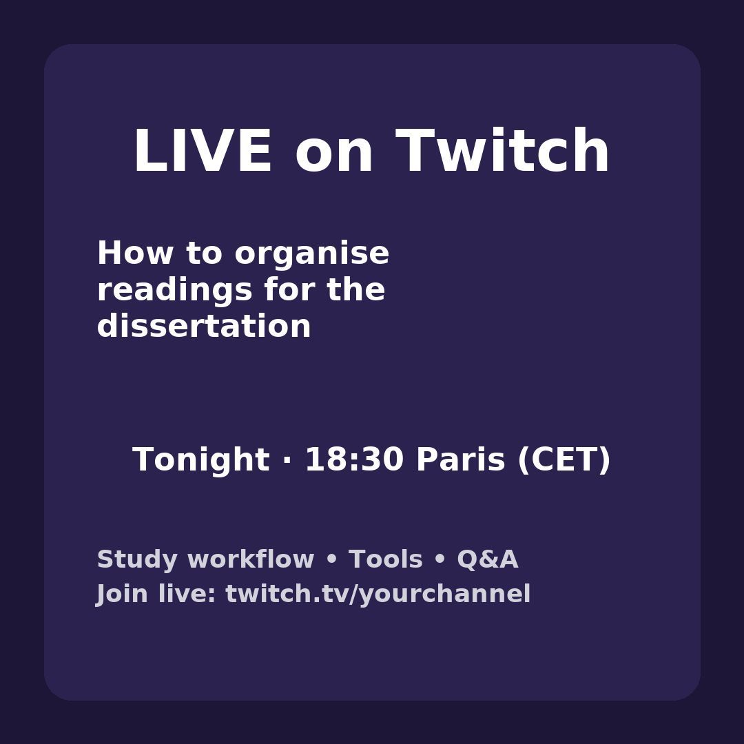 VJdeL1's tweet image. ⏳ 2 hours to go! Starts 𝟭𝟴:𝟯𝟬 Paris (CET). 𝗢𝗿𝗴𝗮𝗻𝗶𝘀𝗲 𝘆𝗼𝘂𝗿 𝗿𝗲𝗮𝗱𝗶𝗻𝗴𝘀: capture → tag → sorting → review. Live demo + Q&amp;amp;A.
twitch.tv/vassilijdel 
#PhD #DissertationTips #StudySkills #ResearchWorkflow #Twitch
