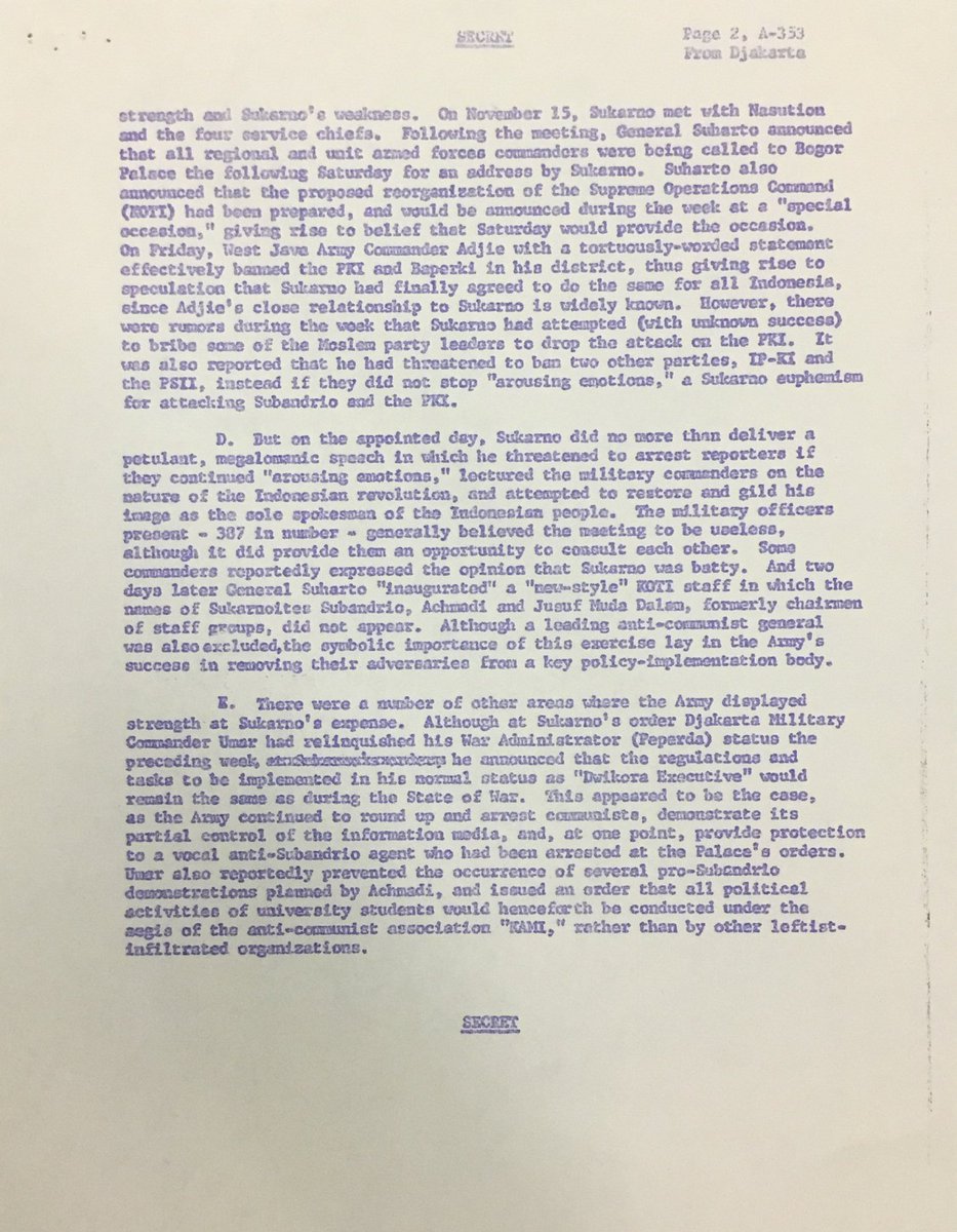 dodisegrovee's tweet image. Dokumen AS No. A-353 (30 Nov 1965) dikirim dari Kedubes AS di Djakarta : ditandatangani Edward E. Masters untuk Menlu di Washington.

Isi laporan di 2 Point:
➡️ B : eksekusi massal atas perintah Jenderal Suharto di Jawa Tengah.
➡️ F : 5.000 hingga 10.000 orang telah dieksekusi.