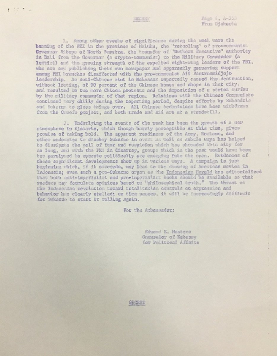 dodisegrovee's tweet image. Dokumen AS No. A-353 (30 Nov 1965) dikirim dari Kedubes AS di Djakarta : ditandatangani Edward E. Masters untuk Menlu di Washington.

Isi laporan di 2 Point:
➡️ B : eksekusi massal atas perintah Jenderal Suharto di Jawa Tengah.
➡️ F : 5.000 hingga 10.000 orang telah dieksekusi.
