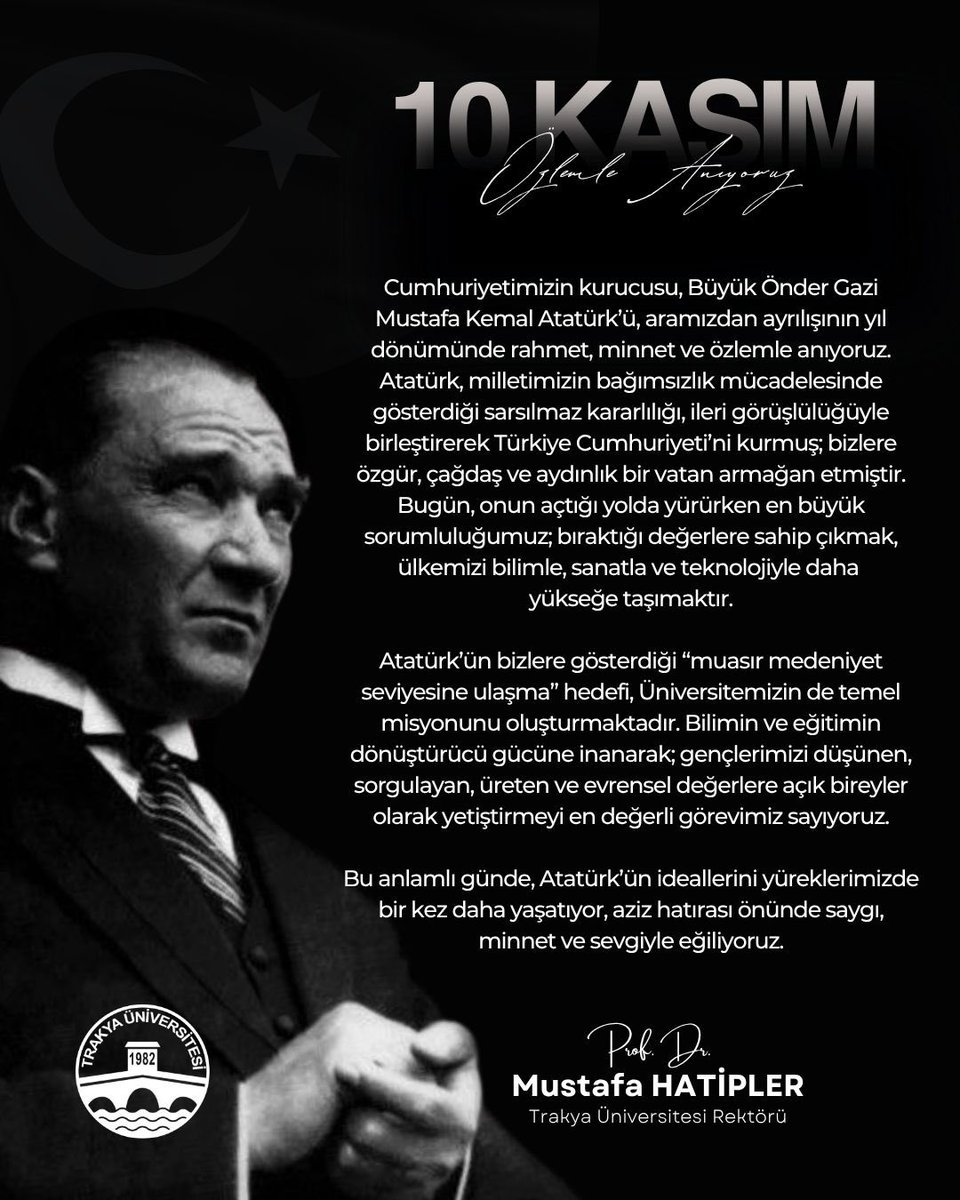Ulu Önder Gazi Mustafa Kemal Atatürk’ü, vefatının yıl dönümünde saygı, minnet ve özlemle anıyoruz. 🇹🇷

#10kasım #mustafakemalatatürk