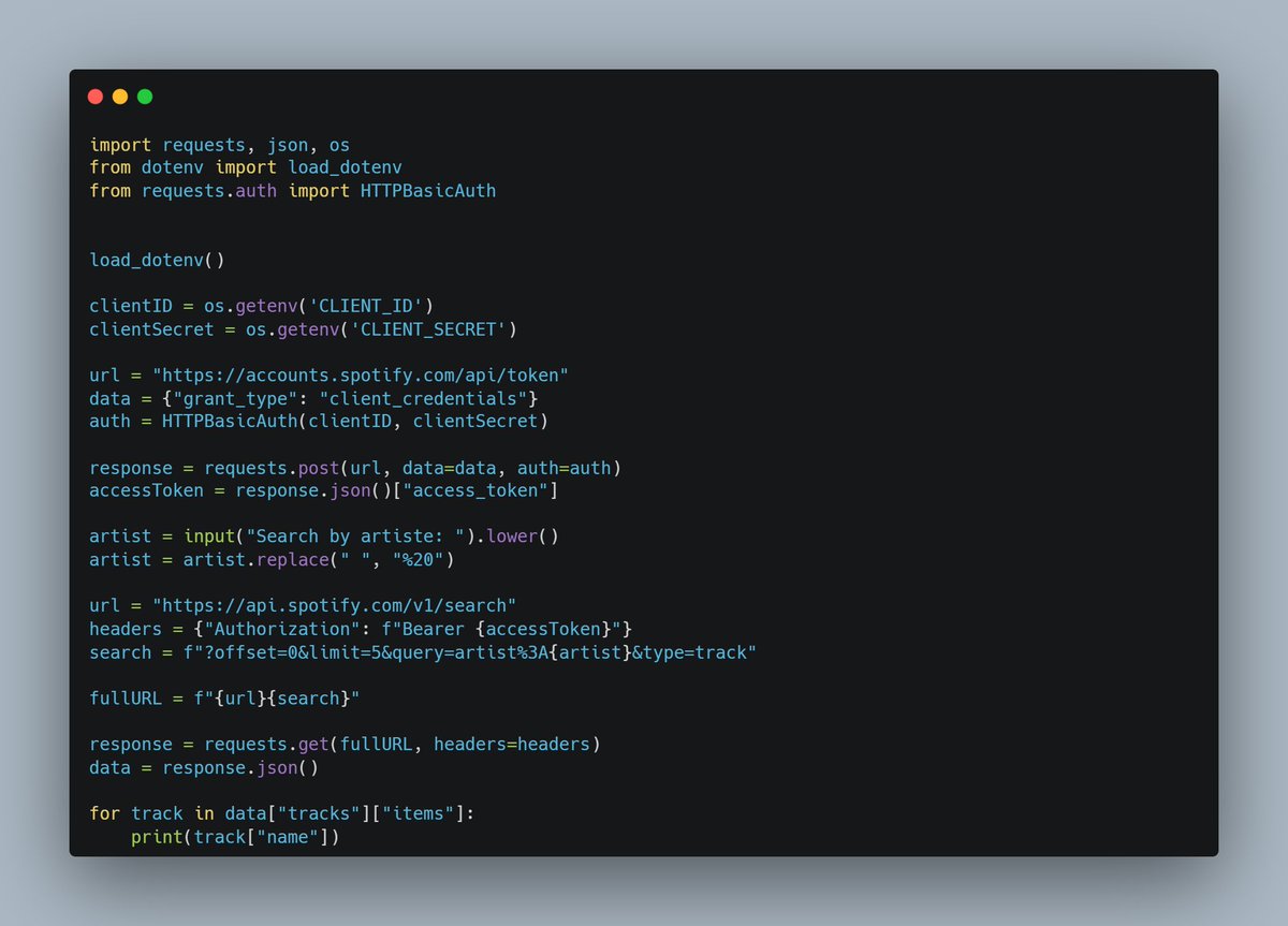 dkingony's tweet image. Day 93 of 100

Today, I learnt how to access authenticated APIs that require an access token. I experimented with the Spotify Web API to fetch tracks, albums and more from various artists.

I&apos;ll work to convert this to a Flask App soon.

#Replit100DaysOfCode #100DaysOfCode