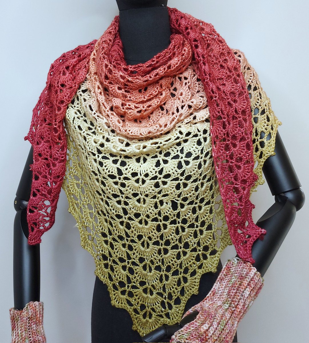 Finished another commission that requested "a Fall palette". Isn't this gorgeous? Complete with fingerless gloves &amp; a hat, I thought that variegated colors in the accessories would go well with the striking gradient shawl. Thought y'all would like something pretty for your TL.