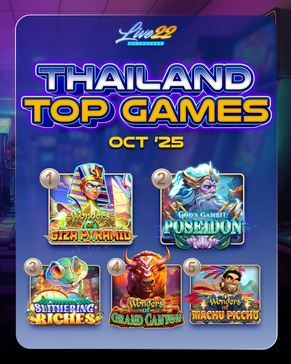 🇹🇭 Thailand’s Top Game Picks!
Big wins, epic themes &amp; thrilling features — here’s what players are spinning now:
✨ Giza Pyramid
🌊 Poseidon
🐍 Slithering Riches
🐂 Grand Canyon
🏔️ Machu Picchu
Which one’s your pick? 🎰
#Live22 #TopGames #Thailand