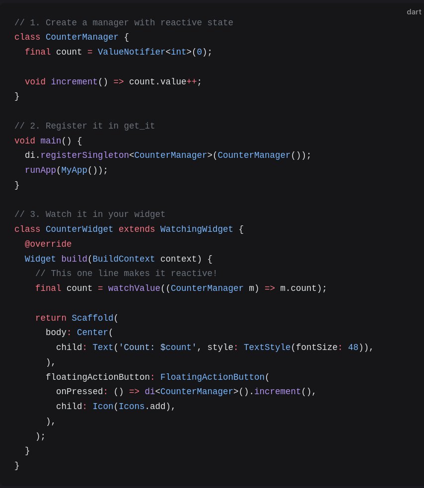 ThomasBurkhartB's tweet image. This is how easy reactive state management can be with watch_it. No code generation, no boilerplate, no builders

#flutterdev