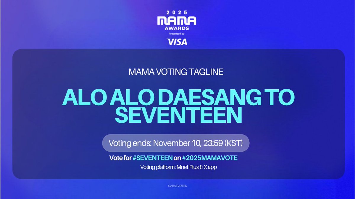 carat_votes's tweet image. 🎯 Target: 10K reposts

RT/QRT this with your certification voting (pls watermark) and drop the tags for SEVENTEEN using at least 5 public accounts 🙏

Do not spam!

🗳️ Today is the last day voting! Vote on Mnet app as well.

ALO ALO DAESANG TO SEVENTEEN
#2025MAMAVOTE #SEVENTEEN