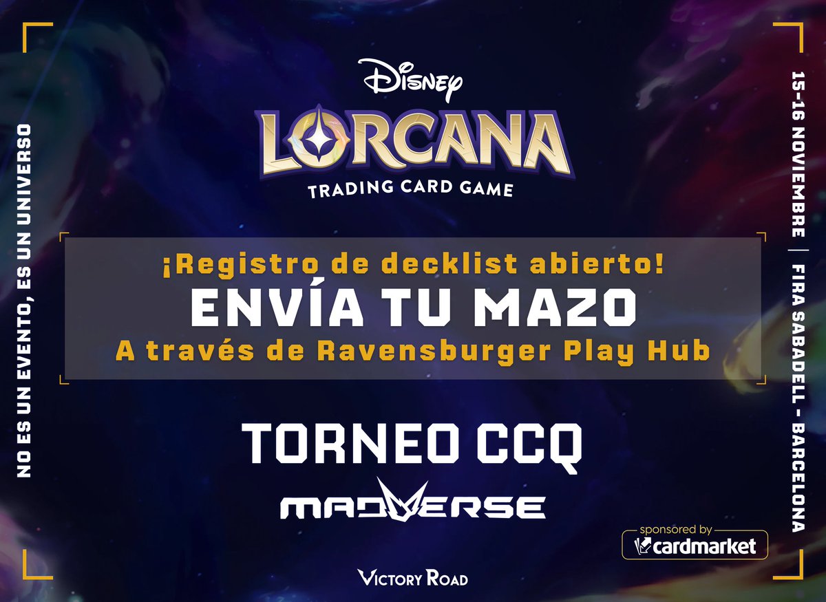 Madverse_es's tweet photo. ¡Iluminadores de Disney Lorcana! 🏰

Ya está abierto el registro de listas de mazos a través de Ravensburger Play Hub.

📝 Enlace al torneo: https://t.co/8BQbTSNiUC

Recuerda: ¡No podrás hacer check-in sin tener la lista de mazo enviada!

¡Te esperamos! https://t.co/Ewn9Q9eZmG