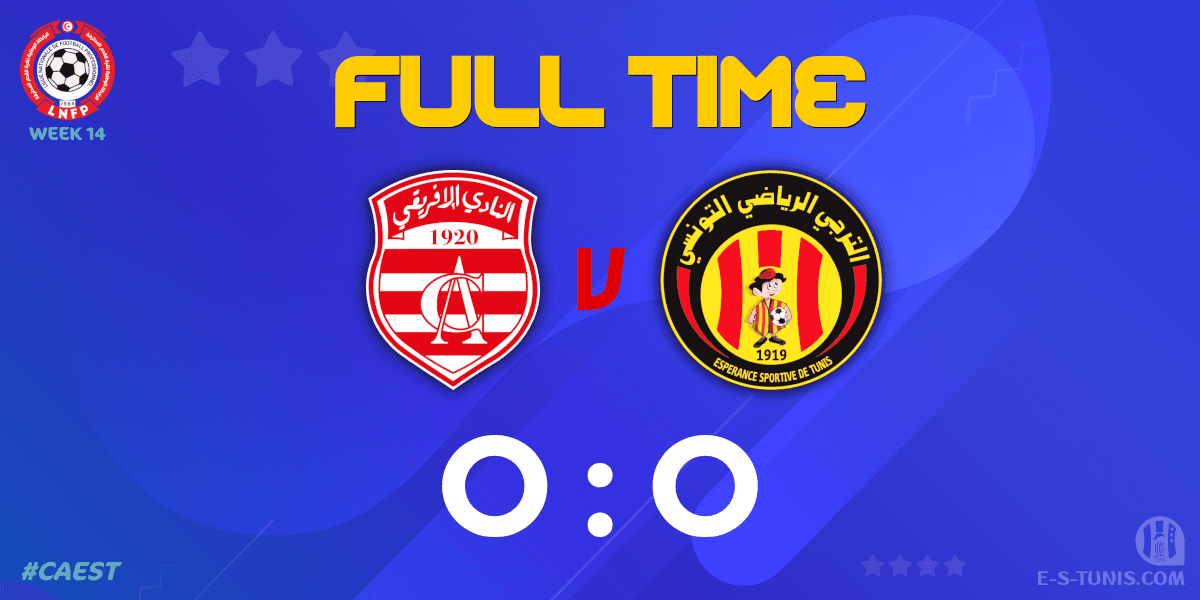 ESTuniscom's tweet photo. ⏱ FT | #Ligue1Tn🇹🇳 Week 14 #CAEST | #ClubAfricain 0⃣-0⃣ @ESTuniscom : End of the match / نهاية المباراة / Fin du match https://t.co/QqRoUQG11P