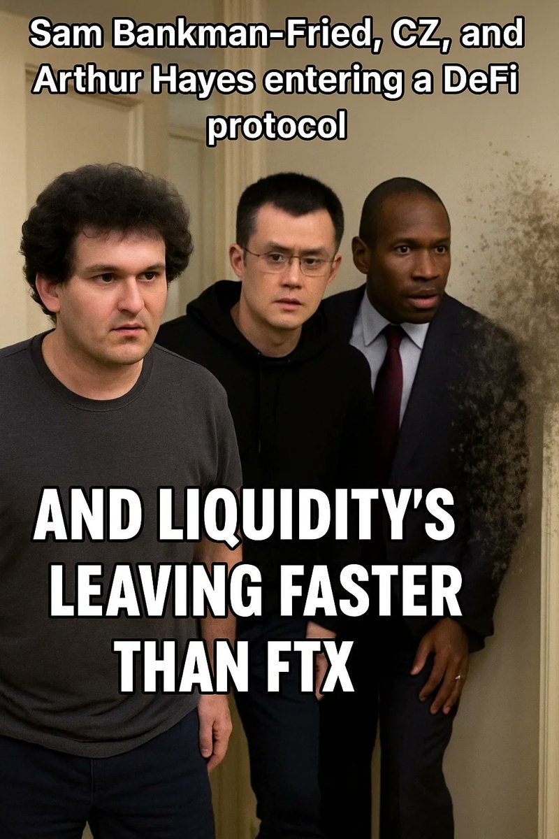 vp_armstrong's tweet photo. @CryptoHayes @SBF_FTX @cz_binance @SBF_FTX, @cz_binance, and @CryptoHayes walk into a DeFi protocol — and the liquidity disappears faster than FTX users’ funds. https://t.co/8nluEfwyjt
