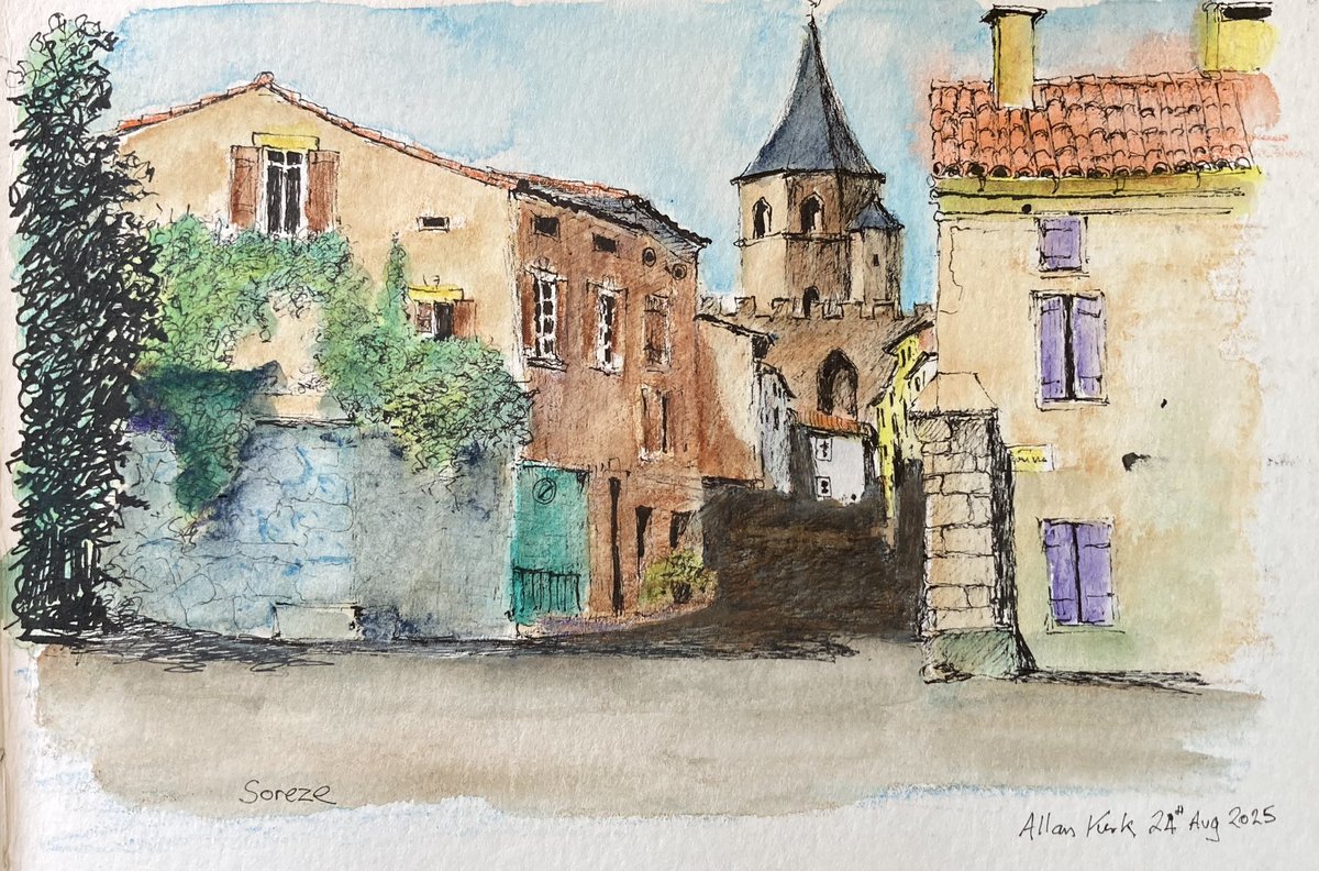 tarnincolour's tweet image. Soreze, SW France - pen and watercolour pencils Angie Pentel waterbrush. #sketchbook #urbansketcher #urbansketchers #sketch #urbansketch #sketchtravel #usk #akirk54 #landscapepainting  #watercolour #thedailysketch  #drawing