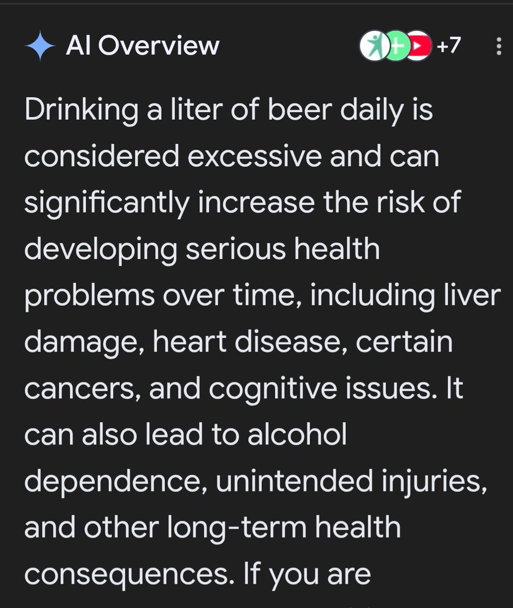 RealEdKelly's tweet image. "My friend takes 10 pills a day prescribed by his doctor and it's killing his liver. AI response vs. My frined drinks 1 liter of beer a day. 

They say alcohol is detrimental to our health and put negative overtones on people who have a beer regularly, but they don't tell you…