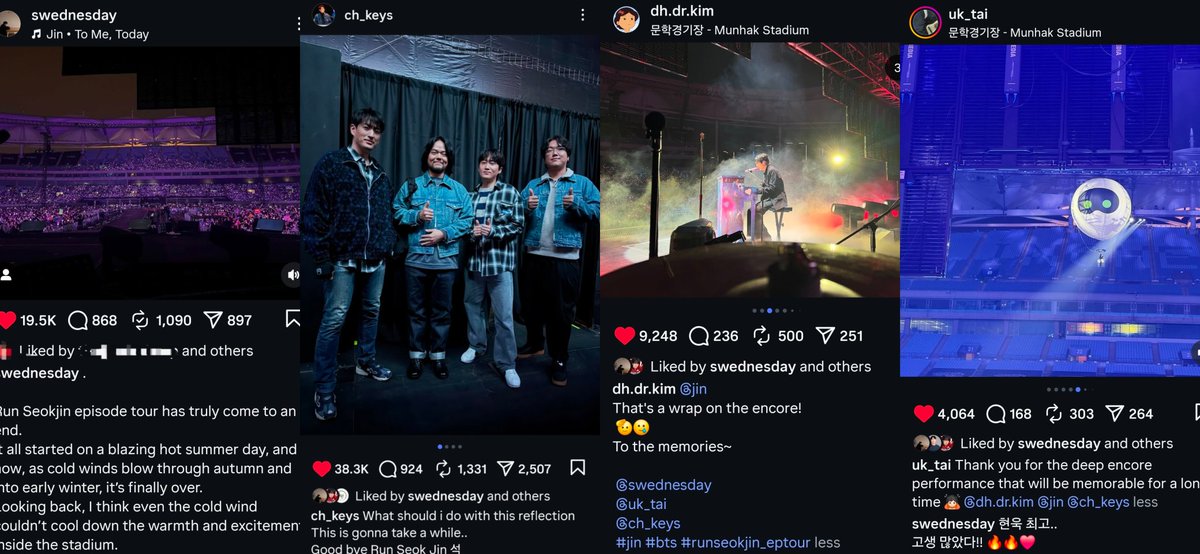 All 4 band members posted their feelings towards #RUNSEOKJIN_epTOUR_ENCORE. My heart is so full knowing Seokjin is so loved. 🥹🥹