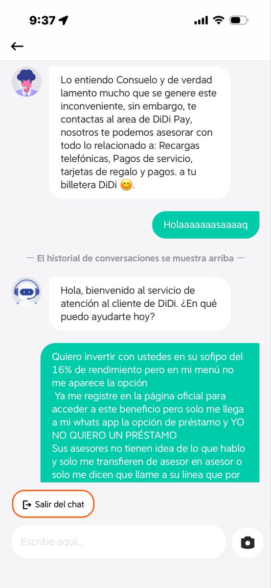consuelo_tofl's tweet photo. @DiDi_Mexico Su servicio a cliente es una BASURA! Al igual que su publicidad falsa sobre invertir con ustedes y tener rendimiento del 16% en mi app no me aparece la opción en mi menú, les escribí al chat de atención y solo me transfieren de asesor en asesor ya que NADIE asesora. https://t.co/yeX1SbAMUr