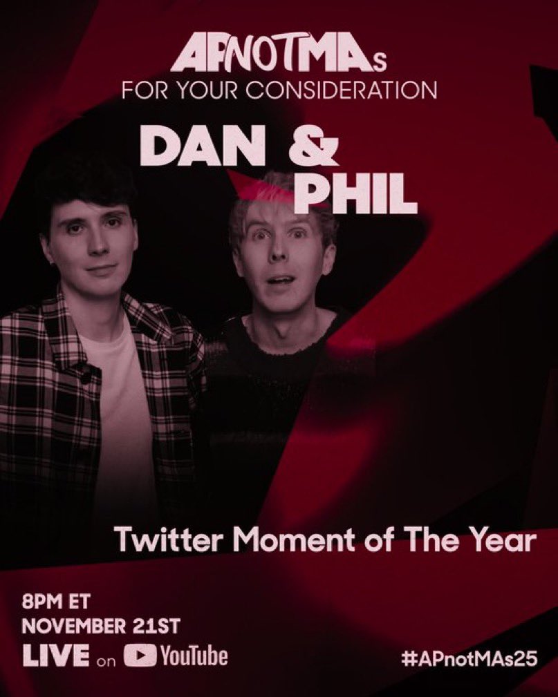 danandphilposts's tweet image. voting for the APnotMA’s closes a week from today, on nov. 16th! let’s get dan and phil this win by voting &amp;amp; spreading the word! #APnotMAs25

vote here: docs.google.com/forms/d/e/1FAI…