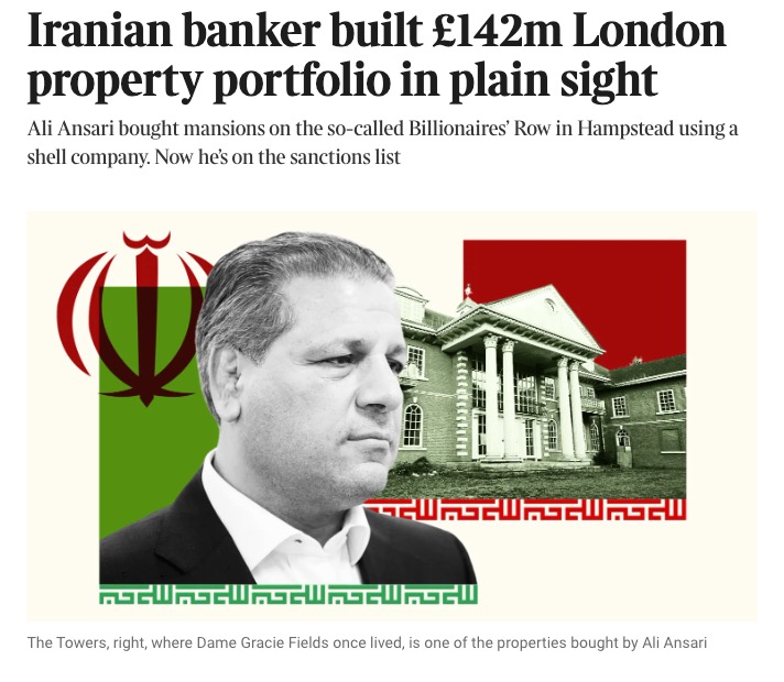 Fakalantari's tweet image. روزنامه ساندی‌تایمز  نوشت :
علی انصاری، بانکدار تحریم‌شده ایرانی، دو آپارتمان دوبلکس در نزدیکی کاخ کنزینگتون لندن دارد — یکی به ارزش ۱۶.۷۵ میلیون پوند و دیگری ۱۹ میلیون پوند — هرکدام با واحد مستقل مخصوص خدمه! بی خود نبود ترحیم و اموالش را فریز کردن!