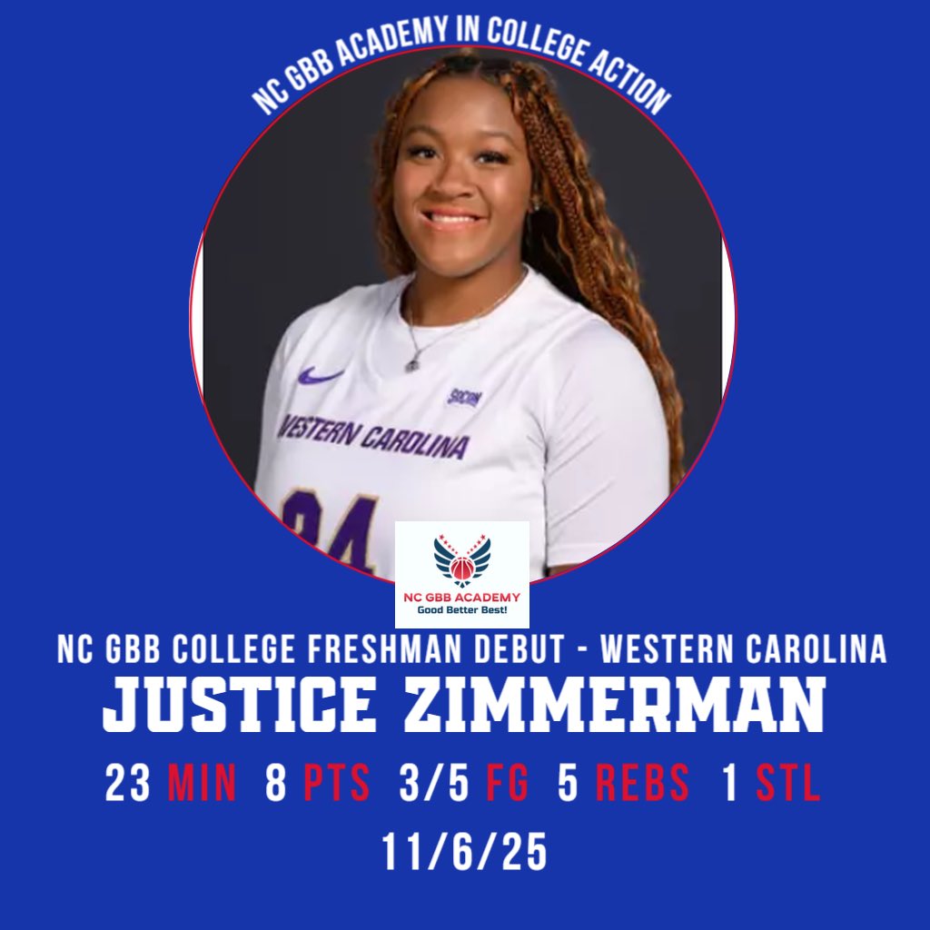 NCGBBA's tweet image. 🏀NC Good Better Best Academy in College Action

NC GBB Class of 2025 JUSTICE ZIMMERMAN @JusticeZ24 
Freshman Season Debut
Western Carolina @CatamountWBB 

8 PTS
3/5 FG
5 REBS
1 STLS
23 MIN