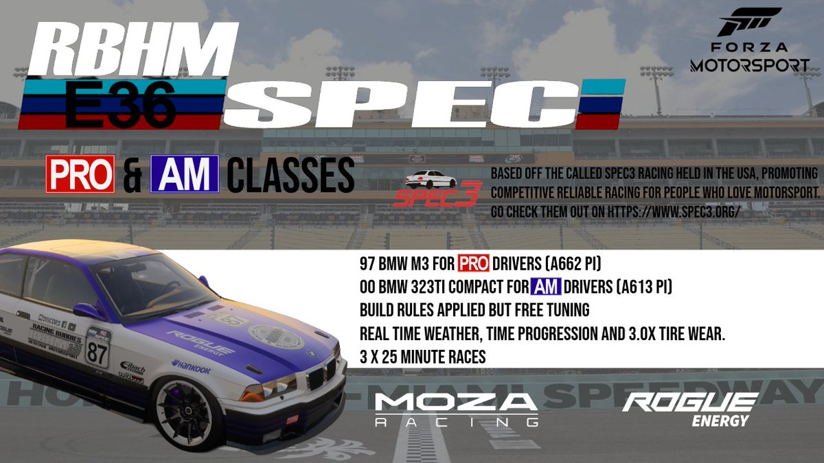 Our newset series starting, RBHM E36 Challenge, based off the awesome series Spec3 E36 Racing, so excited for this one.

Come join our discord to get all the info:
discord.gg/GfJ6WGvN9D