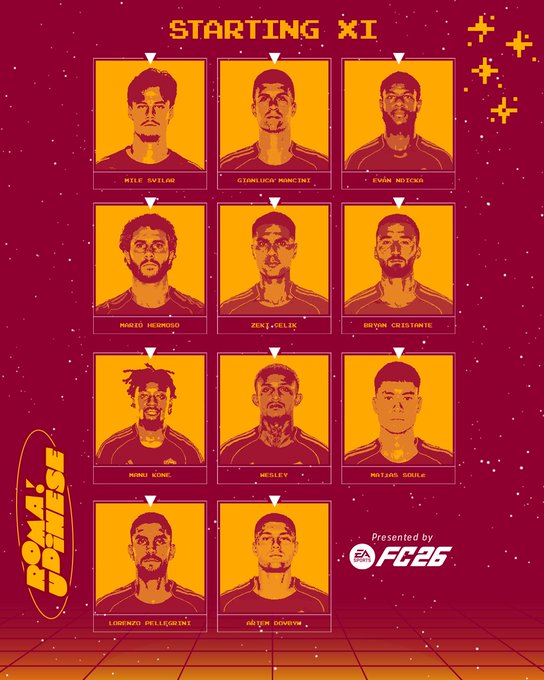 Graphic design in yellow and maroon colors displays AS Romas starting XI for the Udinese match with player headshots arranged in formation positions including goalkeeper Mile Svilar defenders Evan Ndicka Chris Smalling Gianluca Mancini midfielders Bryan Cristante Lorenzo Pellegrini Nicola Zalewski forwards Paulo Dybala Romelu Lukaku Matias Soulé labeled with names and presented by FCBS.